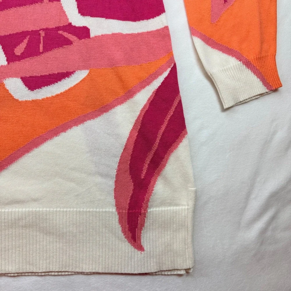 Chicos Orange Pink Floral‎ Intarsia Cotton Lyocell Knit Sweater Top Size 2